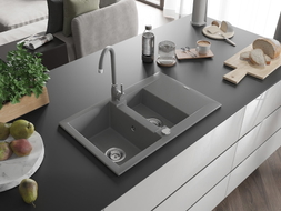 Mexen Gaspar 1,5-Kammer-Granitespüle mit Abtropffläche und Küchenarmatur Telma, grau - 6507-71-670200-71
