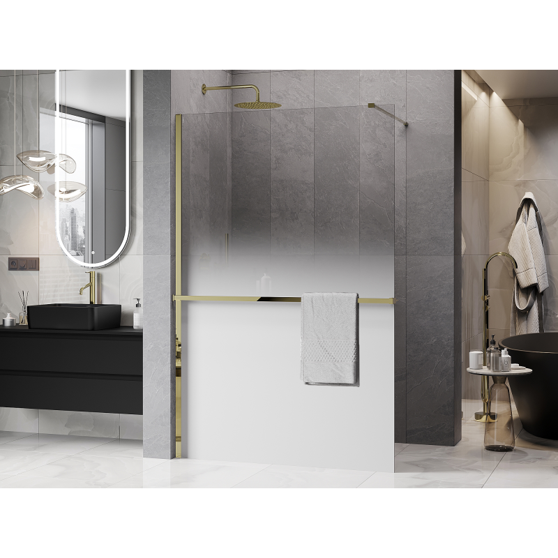 Mexen Kioto+ Duschwand mit Ablage Walk-in 110 x 200 cm, ombre weiß 8 mm, gold - 800-110-121-50-86
