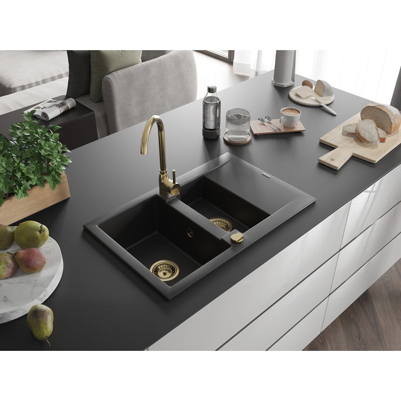 Mexen Gaspar Granitspüle 1,5-Becken mit Abtropffläche und Küchenarmatur Telma, schwarz - 6507-77-670200-50