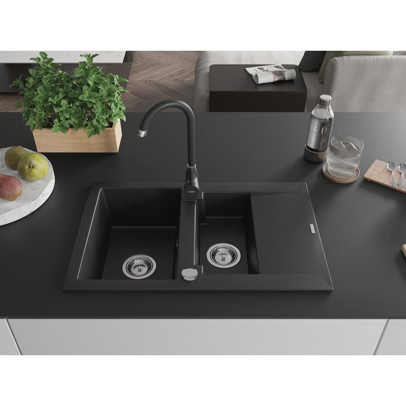 Mexen Gaspar Granitspüle 1,5-Becken mit Abtropffläche und Küchenarmatur Telma, schwarz - 6507-77-670200-70