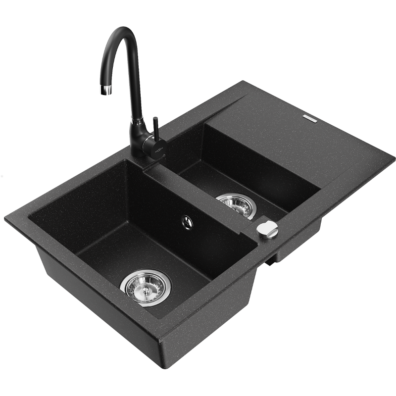 Mexen Gaspar Granitspüle 1,5-Becken mit Abtropffläche und Küchenarmatur Telma, schwarz/silber - 6507-73-670200-70