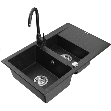 Mexen Gaspar Granitspüle 1,5-Becken mit Abtropffläche und Küchenarmatur Telma, schwarz/silber - 6507-73-670200-70