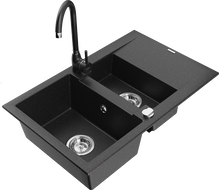 Mexen Gaspar Granitspüle 1,5-Becken mit Abtropffläche und Küchenarmatur Telma, schwarz/silber - 6507-73-670200-70
