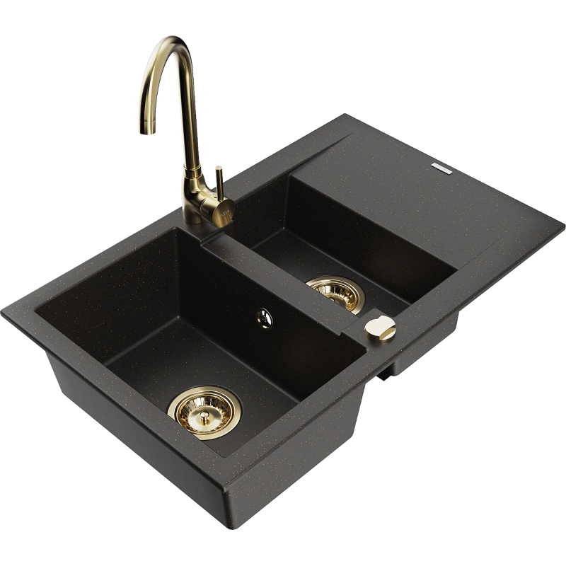 Mexen Gaspar Granitspüle 1,5-Becken mit Abtropffläche und Küchenarmatur Telma, schwarz/gold - 6507-75-670200-50
