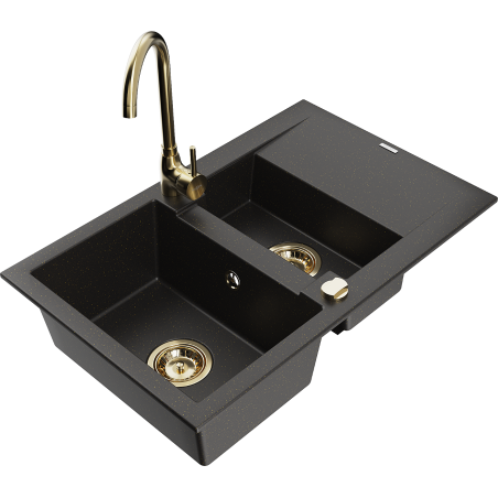 Mexen Gaspar Granitspüle 1,5-Becken mit Abtropffläche und Küchenarmatur Telma, schwarz/gold - 6507-75-670200-50