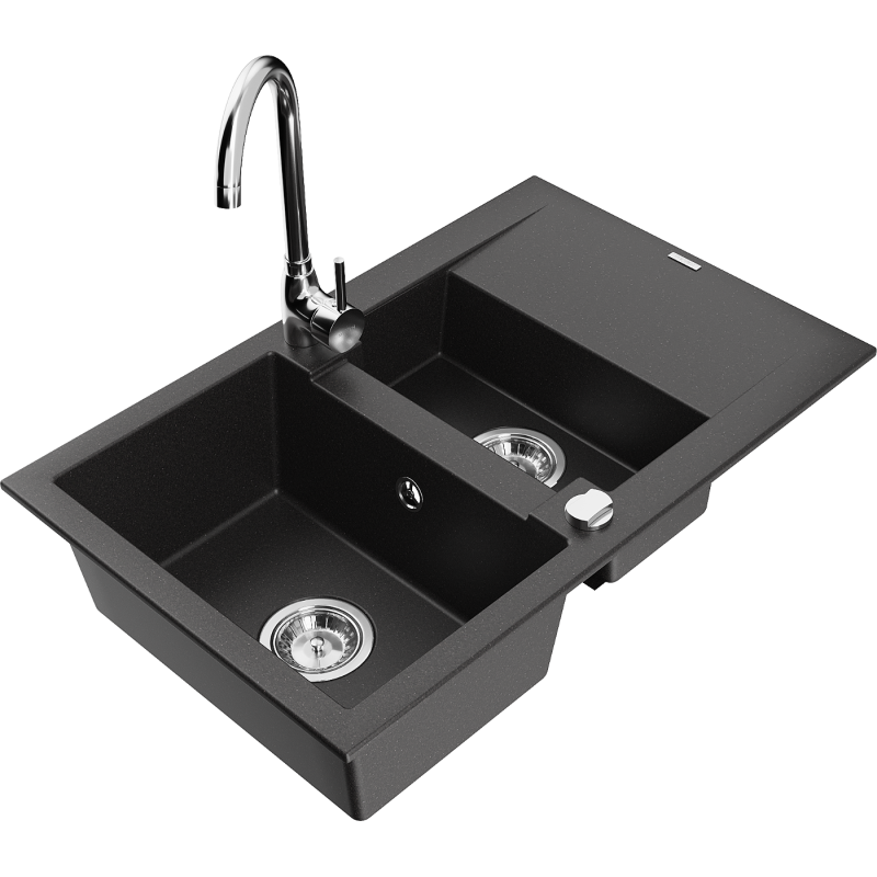 Mexen Gaspar granitspüle 1,5-becken mit abtropffläche und küchenarmatur Telma, schwarz - 6507-77-670200-00