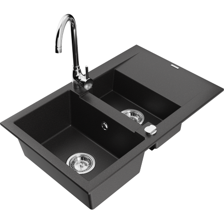 Mexen Gaspar granitspüle 1,5-becken mit abtropffläche und küchenarmatur Telma, schwarz - 6507-77-670200-00
