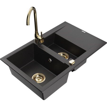Mexen Gaspar Granitspüle 1,5-Becken mit Abtropffläche und Küchenarmatur Telma, schwarz - 6507-77-670200-50