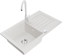 Mexen Pablo Granitspüle 1-Becken mit Abtropffläche und Küchenarmatur Telma, weiß - 6510-20-670200-20