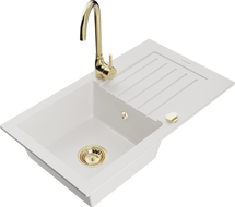 Mexen Pablo Granitspüle 1-beckig mit Abtropffläche und Küchenarmatur Telma, weiß - 6510-20-670200-50