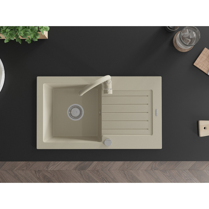 Mexen Pablo Einbauspüle Granit 1-Kammer mit Abtropffläche und Küchenarmatur Telma, beige - 6510-69-670200-69