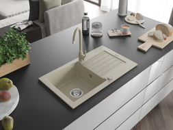 Mexen Pablo Einbauspüle Granit 1-Kammer mit Abtropffläche und Küchenarmatur Telma, beige - 6510-69-670200-69
