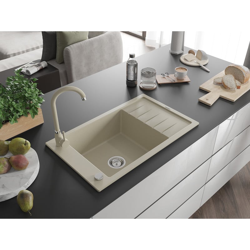 Mexen Elias Granitspüle 1-Becken mit Abtropffläche und Küchenarmatur Telma, beige - 6511-69-670200-69