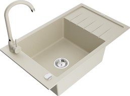Mexen Elias Granitspüle 1-beckig mit Abtropffläche und Küchenarmatur Telma, beige - 6511-69-670200-69