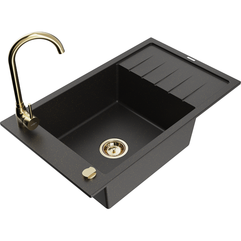 Mexen Elias Granitspüle 1-becken mit Abtropffläche und Küchenarmatur Telma, schwarz/gold - 6511-75-670200-50