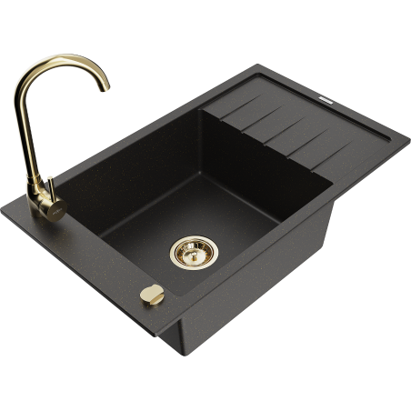 Mexen Elias Granitspüle 1-becken mit Abtropffläche und Küchenarmatur Telma, schwarz/gold - 6511-75-670200-50