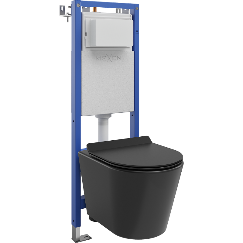 Mexen Rico WC-Installationsset mit schmalem, eckigem Tex-W-Rahmen, mit WC-Schüssel und absenkbarem Sitz, Schwarz Matt