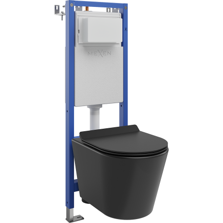Mexen Rico WC-Installationsset mit schmalem, eckigem Tex-W-Rahmen, mit WC-Schüssel und absenkbarem Sitz, Schwarz Matt