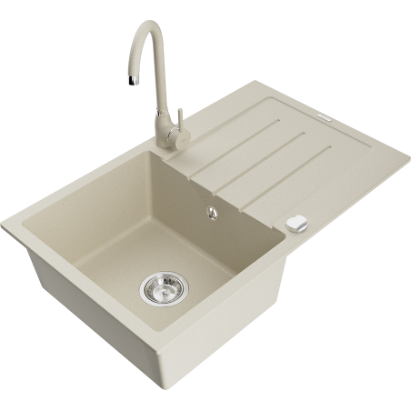 Mexen Bruno Granitspüle 1-Becken mit Abtropffläche und Küchenarmatur Telma, beige - 6513-69-670200-69