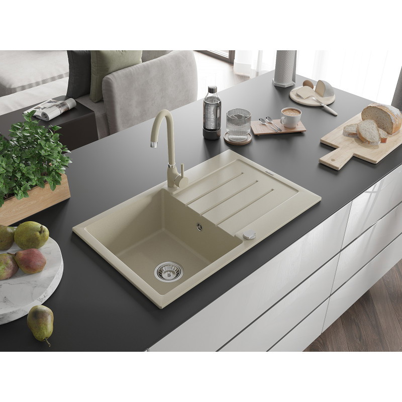 Mexen Bruno Granitspüle 1-Becken mit Abtropffläche und Küchenarmatur Telma, beige - 6513-69-670200-69