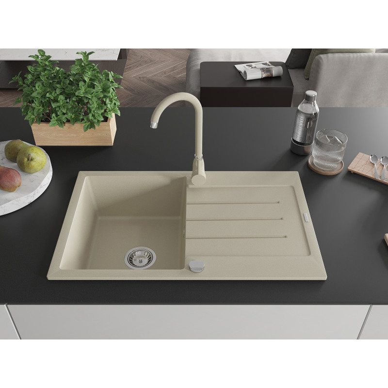Mexen Bruno Granitspüle 1-Becken mit Abtropffläche und Küchenarmatur Telma, beige - 6513-69-670200-69