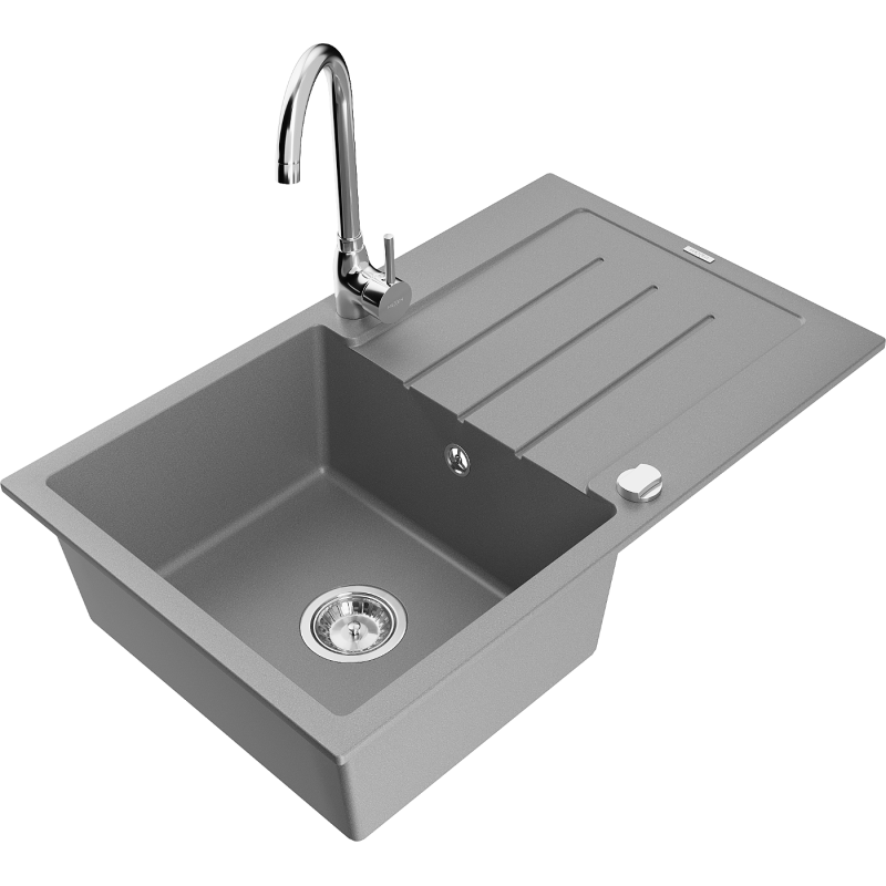 Mexen Bruno granitspüle 1-becken mit abtropffläche und küchenarmatur Telma, grau - 6513-71-670200-00