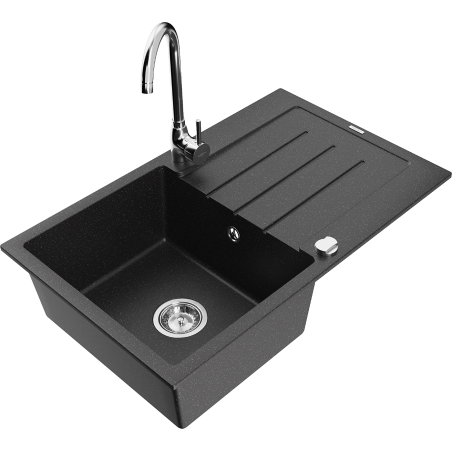 Mexen Bruno Granitspüle 1-Becken mit Abtropffläche und Küchenarmatur Telma, schwarz/silber - 6513-73-670200-00