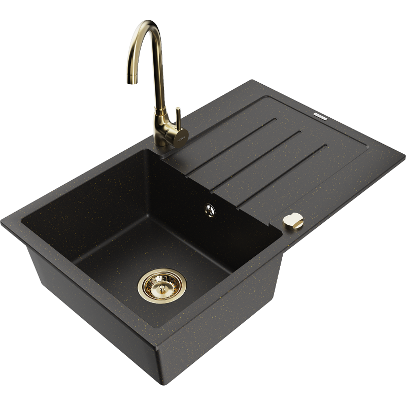 Mexen Bruno Granitspüle 1-Becken mit Abtropffläche und Küchenarmatur Telma, schwarz/gold - 6513-75-670200-50
