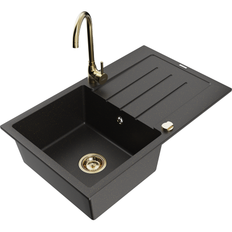Mexen Bruno Granitspüle 1-Becken mit Abtropffläche und Küchenarmatur Telma, schwarz/gold - 6513-75-670200-50