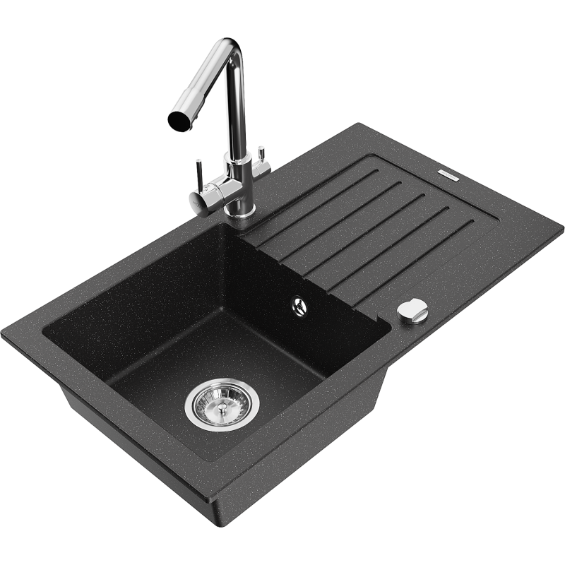Mexen Pablo Granitspüle 1-Becken mit Abtropffläche und Küchenarmatur Duero, Schwarz/Silber Metallic - 6510-73-671600-00
