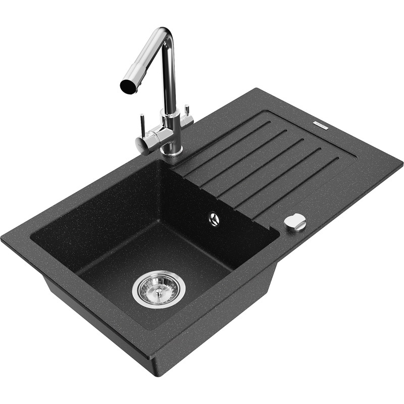 Mexen Pablo Granitspüle 1-becken mit Abtropffläche und Küchenarmatur Duero, schwarz/silber metallisch - 6510-73-671600-00