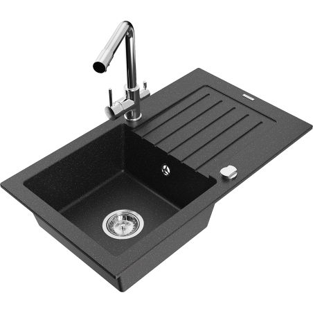 Mexen Pablo Granitspüle 1-Becken mit Abtropffläche und Küchenarmatur Duero, Schwarz/Silber Metallic - 6510-73-671600-00