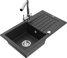 Mexen Pablo Granitspüle 1-Becken mit Abtropffläche und Küchenarmatur Duero, Schwarz/Silber Metallic - 6510-73-671600-00