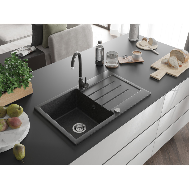 Mexen Bruno Granit-Spüle mit 1 Becken, Abtropffläche und Küchenarmatur Telma, schwarz gesprenkelt - 6513-76-670200-76