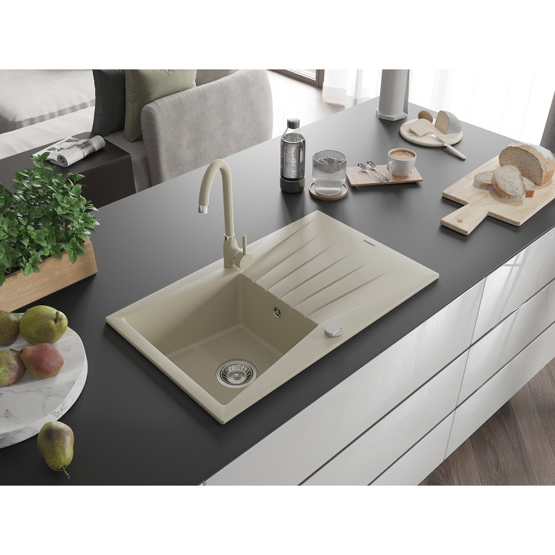 Mexen Cesar Granitspüle 1-Becken mit Abtropffläche und Küchenarmatur Telma, beige - 6514-69-670200-69