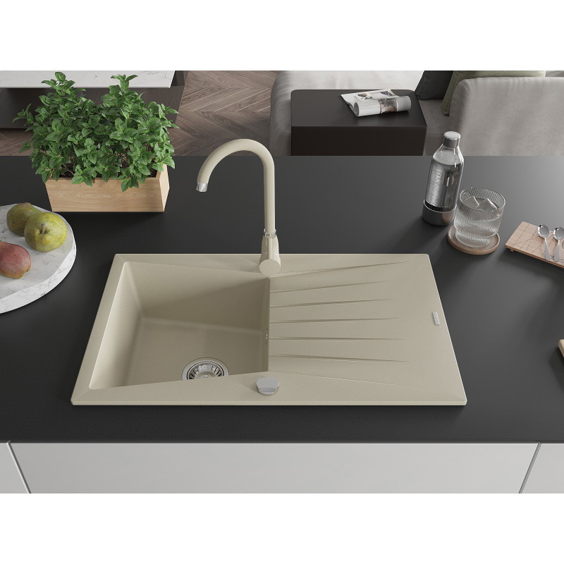 Mexen Cesar Granitspüle 1-Becken mit Abtropffläche und Küchenarmatur Telma, beige - 6514-69-670200-69