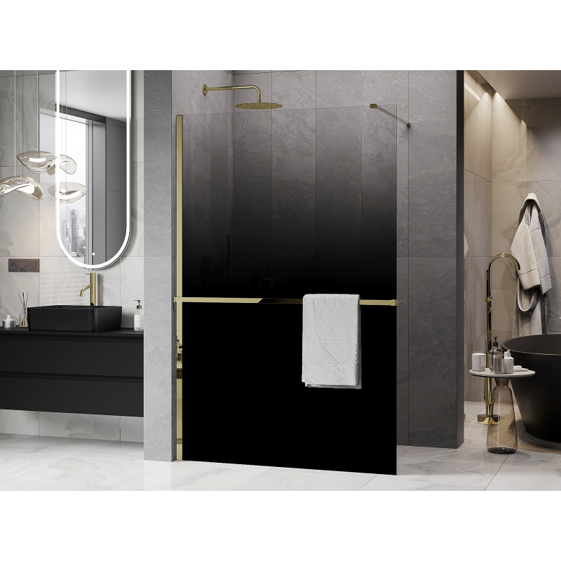 Mexen Kioto+ Duschwand mit Ablage Walk-in 100 x 200 cm, Ombre Schwarz 8 mm, Gold - 800-100-121-50-76