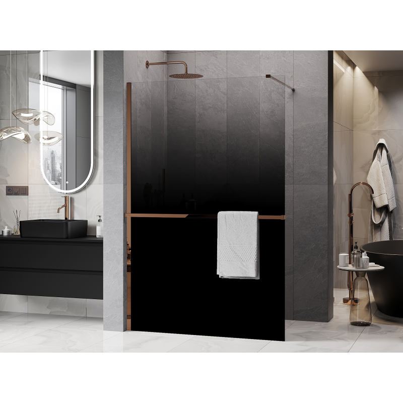 Mexen Kioto+ Duschwand mit Ablage Walk-in 140 x 200 cm, Ombre Schwarz 8 mm, Roségold - 800-140-121-60-76
