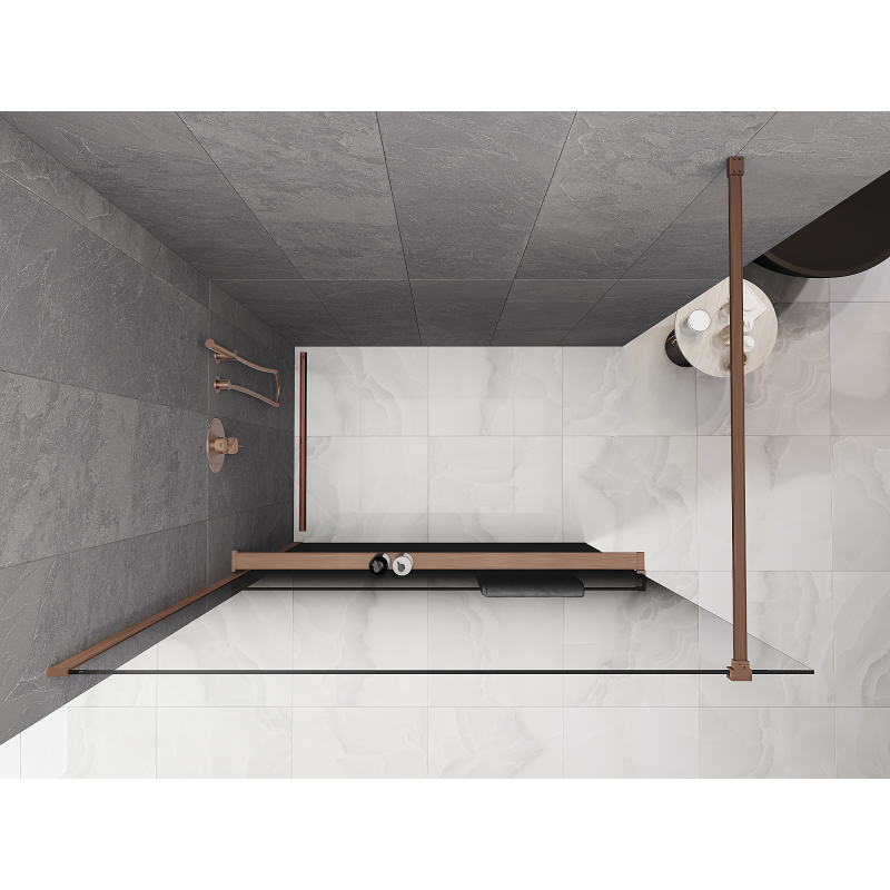 Mexen Kioto+ Duschwand mit Regal Walk-in 150 x 200 cm, Ombre Schwarz 8 mm, gebürstetes Kupfer - 800-150-121-65-76