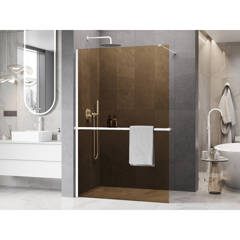 Mexen Kioto+ Duschwand mit Regal Walk-in 130 x 200 cm, Bronze 8 mm, Weiß - 800-130-121-20-32