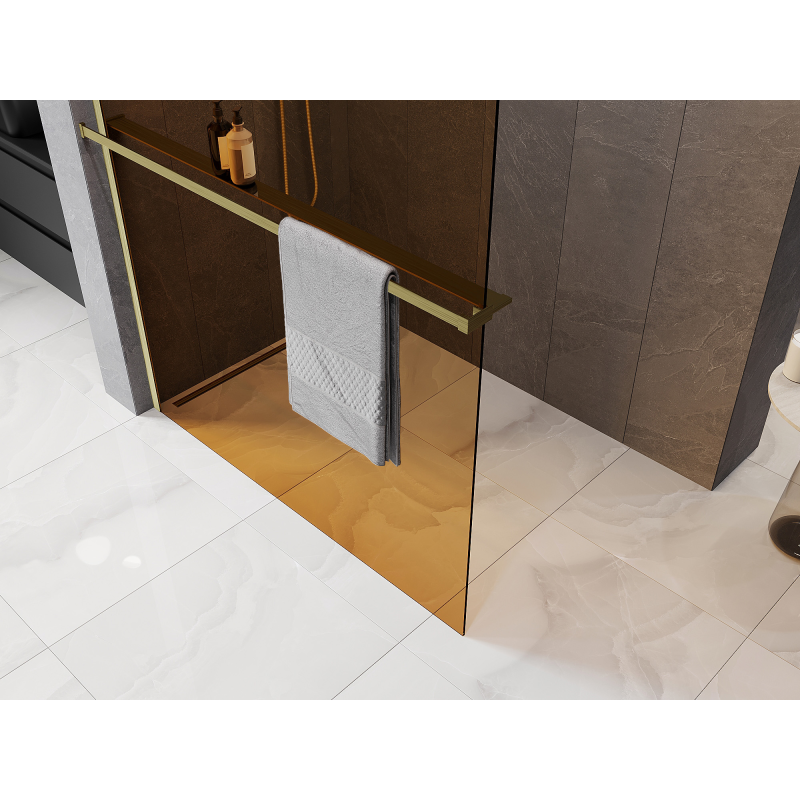 Mexen Kioto+ Duschwand mit Regal Walk-in 70 x 200 cm, 8 mm Bronz, gebürstetes Gold - 800-070-121-55-32