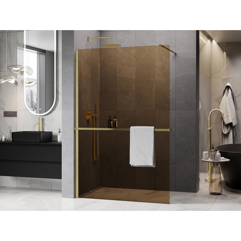 Mexen Kioto+ Duschwand mit Ablage Walk-in 90 x 200 cm, Bronze 8 mm, gebürstetes Gold - 800-090-121-55-32