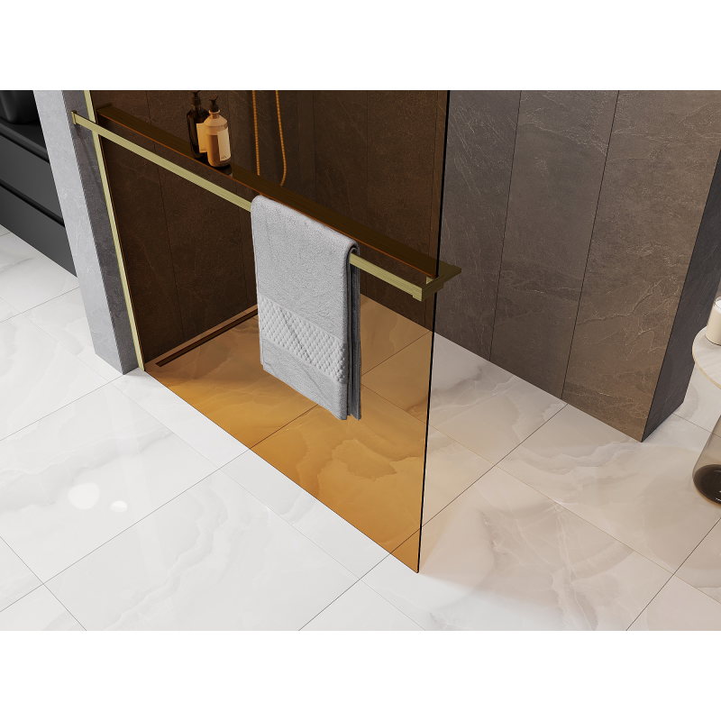 Mexen Kioto+ Duschwand mit Regal Walk-in 120 x 200 cm, bronzefarben 8 mm, gebürstetes Gold - 800-120-121-55-32