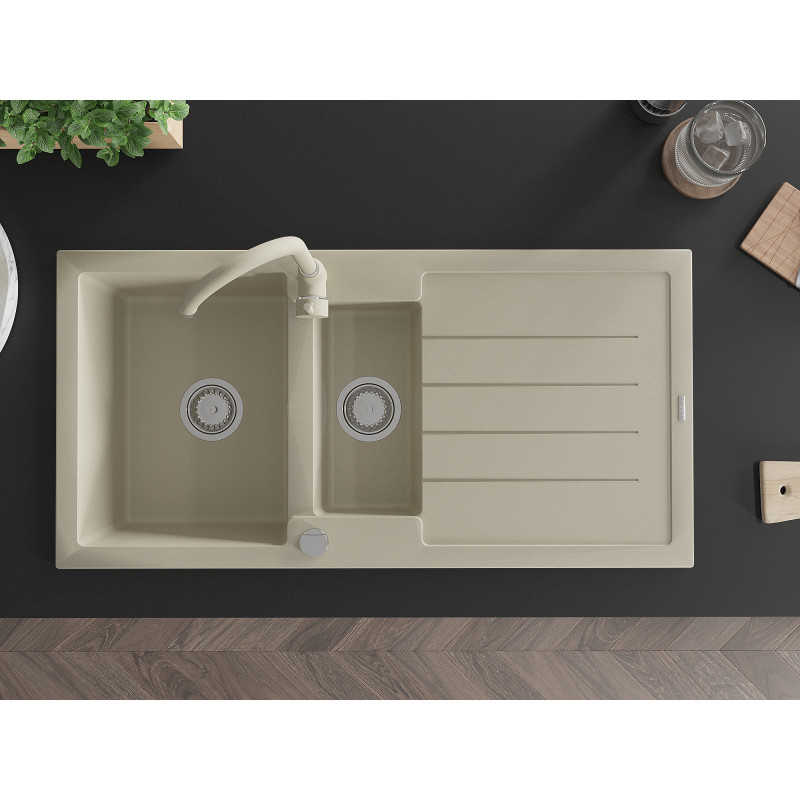 Mexen Andres Granitspüle 1,5-Becken mit Abtropffläche und Küchenarmatur Telma, beige - 6515-69-670200-69