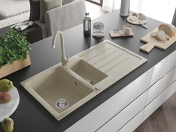 Mexen Andres Granitspüle 1,5-Becken mit Abtropffläche und Küchenarmatur Telma, beige - 6515-69-670200-69