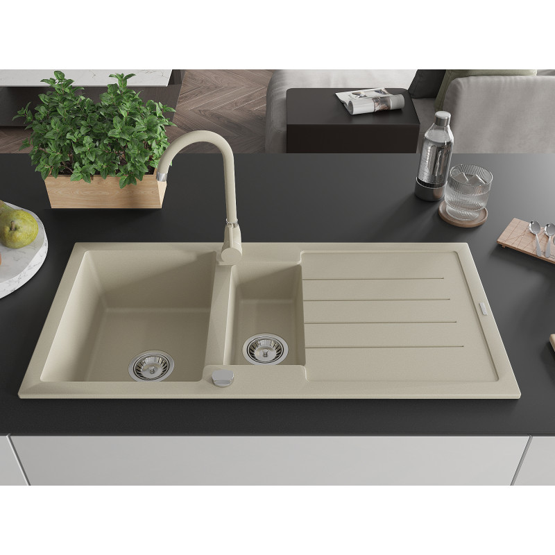 Mexen Andres Granitspüle 1,5-Becken mit Abtropffläche und Küchenarmatur Telma, beige - 6515-69-670200-69