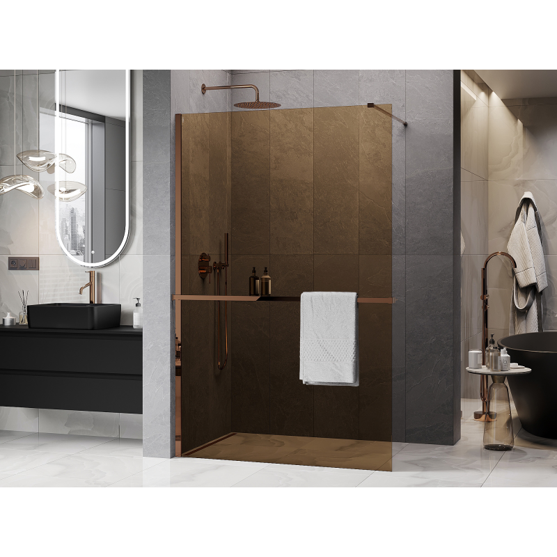 Mexen Kioto+ Duschwand mit Regal Walk-in 70 x 200 cm, Bronze 8 mm, Roségold - 800-070-121-60-32