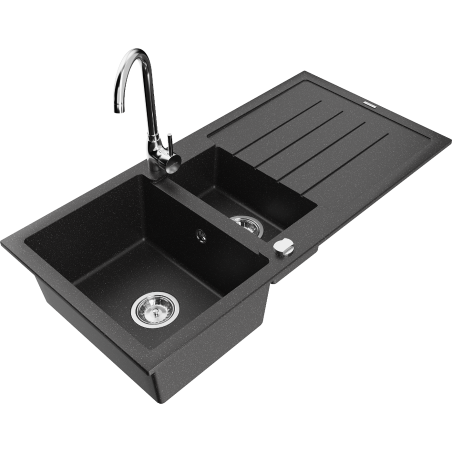 Mexen Andres granitspüle 1,5-becken mit abtropffläche und küchenarmatur Telma, schwarz/silber - 6515-73-670200-00