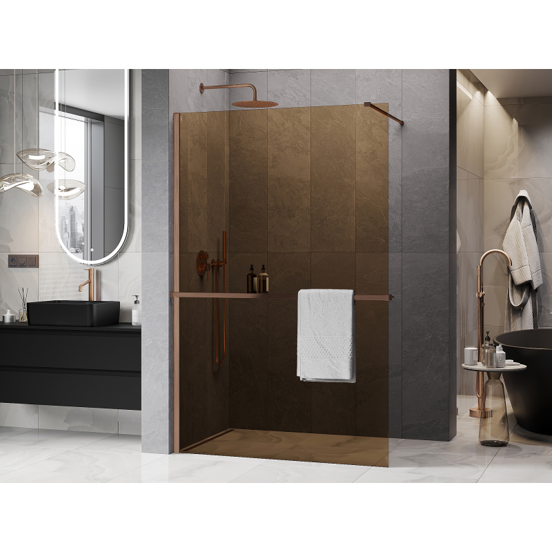 Mexen Kioto+ Duschwand mit Regal Walk-in 130 x 200 cm, Bronze 8 mm, gebürstetes Kupfer - 800-130-121-65-32