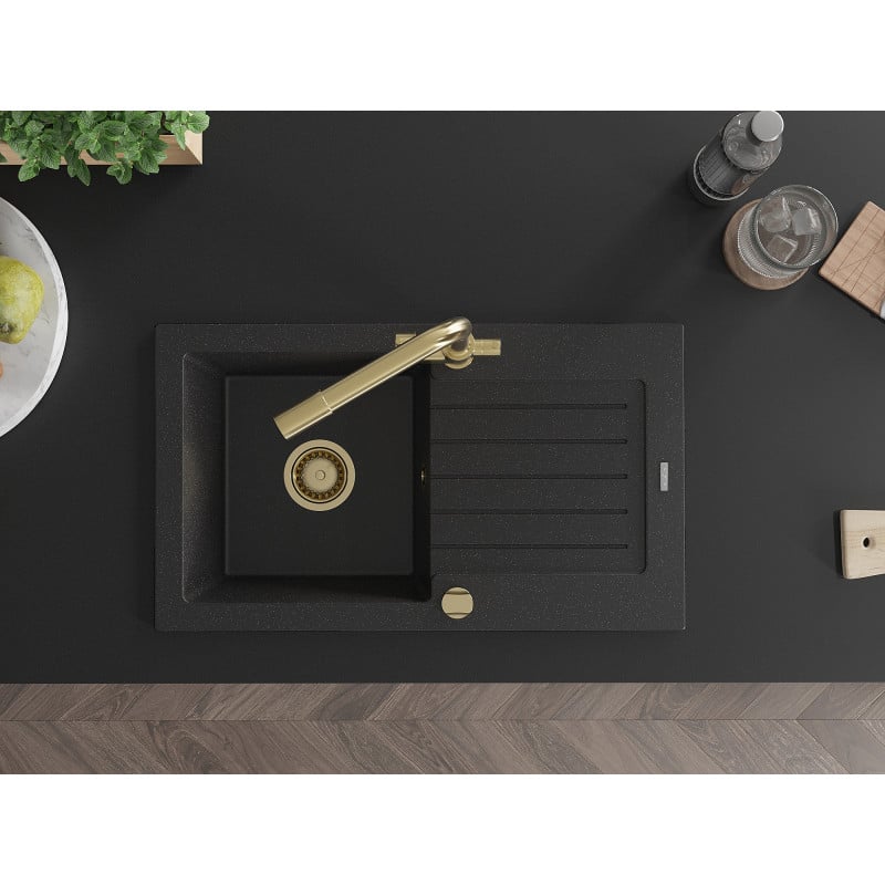 Mexen Pablo Granitspüle 1-beckig mit Abtropffläche und Küchenarmatur Duero, schwarz/silber metallic - 6510-73-671600-50